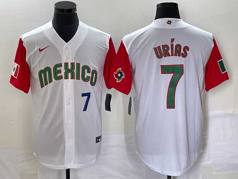Mens Mexico Baseball #7 Julio Urias Number 2023 White Red World Classic Stitched Jersey49->2023 world baseball classic->MLB Jersey